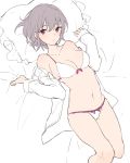  1girl aiko_(kanl) bra breasts cleavage collarbone expressionless grey_hair highres long_sleeves looking_at_viewer lying medium_breasts off_shoulder on_back open_clothes open_shirt original panties pink_eyes short_hair sketch solo strap_slip underwear underwear_only white_bra white_panties 