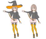  1girl black brown_hair character_sheet gluteal_fold green_eyes hat highres looking_at_viewer medium_hair nagisa_kurousagi original outstretched_arm sleeves_past_wrists smile solo thigh-highs white_hair witch_hat yellow_legwear 