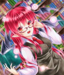  1girl :d adjusting_hair ahoge bat_wings bespectacled black_skirt black_vest black_wings blush book bookshelf breasts buttons collared_shirt commentary_request cowboy_shot danmaku dot_nose dress_shirt dutch_angle eyelashes fangs glasses gradient_eyes hair_between_eyes head_wings holding holding_book koakuma long_hair long_sleeves looking_at_viewer marker_(medium) medium_breasts multicolored_eyes necktie open_book pointy_ears red-framed_eyewear red_eyes red_necktie redhead shirt sidelocks skirt skirt_set smile solo touhou traditional_media vest wassmint white_hair wing_collar wings 