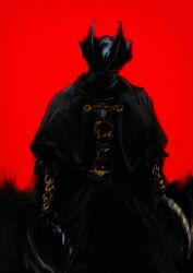  1boy absurdres black_coat bloodborne coat crain1art eye_trail fromsoftware glowing glowing_eye hat highres hunter_(bloodborne) light_trail mask mouth_mask red_background saw saw_cleaver solo standing trench_coat tricorne vambraces weapon 