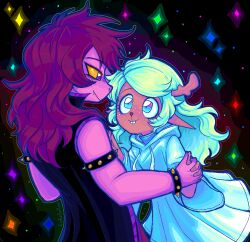  2girls animal_ears antlers blonde_hair bracelet buck_teeth colored_skin deer_ears deer_girl deltarune freckles furry furry_female hair_over_eyes horns jewelry linterteatime long_hair long_sleeves multiple_girls noelle_holiday pink_skin purple_hair reindeer_girl sharp_teeth shirt smile susie_(deltarune) teeth 