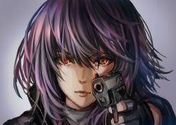  1girl aiming aiming_at_viewer ghost_in_the_shell gun holding holding_gun holding_weapon kodue55 kusanagi_motoko medium_hair pointing pointing_at_viewer portrait purple_background purple_hair red_eyes weapon 