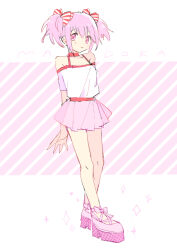  1girl alternate_costume alternate_hair_ornament arms_behind_back bare_legs bare_shoulders blush character_name commentary_request dot_nose expressionless full_body hair_between_eyes hair_ribbon kaname_madoka looking_at_viewer mahou_shoujo_madoka_magica mahou_shoujo_madoka_magica_(anime) miniskirt off_shoulder parted_lips pink_background pink_eyes pink_footwear pink_hair pink_ribbon pink_skirt pipi_o_(pipioo08) platform_footwear pleated_skirt ribbon shirt short_twintails sidelocks simple_background skirt solo spaghetti_strap sparkle sparkle_background standing striped_background striped_ribbon twintails two-tone_background white_background white_shirt 