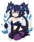  1girl animal_ears araenai bare_shoulders black_gloves blue_hair breasts cerberus_(kemono_friends) character_name commentary_request dog_ears elbow_gloves extra_ears eyebrows_visible_through_hair fingerless_gloves frown full_body gloves green_eyes hair_between_eyes highres kemono_friends medium_breasts midriff name_tag scar scar_across_eye seiza short_hair simple_background sitting solo tail twintails v_arms 