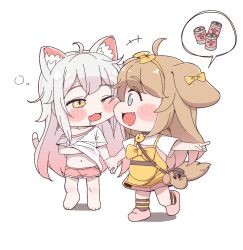  2girls :3 ahoge animal_ear_fluff animal_ears artist_request bag barefoot bell blue_eyes bow brown_eyes brown_hair butter_(trickcal) can canned_food cat_ears cat_girl cat_tail chibi clothes_lift collar dog_ears dog_girl dog_tail drooling face-to-face fang full_body hair_bow hand_under_clothes highres holding_hands jingle_bell komi_(trickcal) lifting_own_clothes long_hair messy_hair multiple_girls navel neck_bell off_shoulder one_eye_closed open_mouth pink_footwear pink_hair pink_shorts pointing ribbon saliva shirt shirt_lift shoes short_sleeves shorts sleepy slit_pupils smile socks spoken_object stomach striped_clothes striped_socks tail trickcal white_shirt yellow_ribbon yellow_shirt 