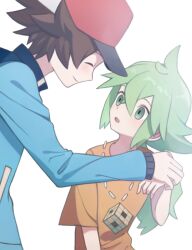  2boys aged_down arm_up baseball_cap black_sleeve_cuffs blue_coat brown_hair child closed_eyes closed_mouth coat dorsiflexion green_hair hair_between_eyes hair_intakes hat hilbert_(pokemon) long_hair long_sleeves looking_at_another looking_up male_focus multiple_boys n_(pokemon) orange_shirt pokemon pokemon_bw ponytail rubik&#039;s_cube shirt short_sleeves simple_background sleeve_cuffs smile upper_body white_background zero_(sleepy_meltan) 