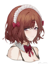  1girl absurdres bow bowtie brown_hair chinese_commentary commentary_request cropped_shoulders detached_collar hair_bow highres higuchi_madoka idolmaster idolmaster_shiny_colors looking_at_viewer maid_headdress mole mole_under_eye portrait red_bow red_bowtie short_hair simple_background solo violet_eyes weibo_watermark white_background yannn 