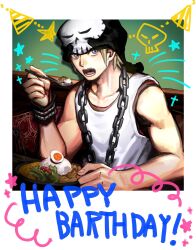  1boy arm_up bare_shoulders beanie bito_daisukenojo black_hat blonde_hair blue_eyes bracelet commentary curry eating egg_(food) english_text food happy_birthday hat highres holding holding_spoon jewelry layered_clothes looking_at_viewer male_focus ohji130 open_mouth polaroid_photo rice short_hair sitting skull solo sparkle spoon star_(symbol) subarashiki_kono_sekai tank_top teeth upper_body white_tank_top 