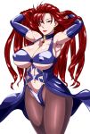  1girl armpits arms_up choker covered_nipples earrings elbow_gloves gloves highres hips jewelry light_smile lipstick long_hair looking_at_viewer makeup ml navel pantyhose red redhead simple_background solo super_robot_wars thighs white_background 
