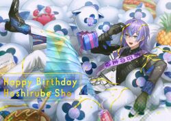  1boy :d absurdres aqua_eyes belt birthday birthday_sash black_footwear black_gloves black_shirt blue_hair blurry blurry_foreground box can chain character_name collared_shirt commentary_request confetti crossed_bangs drink_can food fruit gift gift_box gloves hair_between_eyes hakobune_noark hand_up happy_birthday highres holographic_clothing hoshirube_sho hot_dog layered_sleeves long_hair long_skirt long_sleeves male_focus multicolored_clothes multicolored_hair multicolored_skirt nijisanji open_mouth pants pants_under_skirt pineapple pleated_skirt purple_hair purple_socks sash see-through see-through_skirt shirt shoes shoulder_sash skirt smile socks soda_can solo sparkle streaked_hair streamers stuffed_animal stuffed_crab stuffed_food stuffed_toy takoyaki teeth upper_teeth_only vest virtual_youtuber white_belt white_pants white_vest wing_collar 