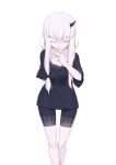  1girl black_bow black_shirt black_shorts bow collarbone commentary_request fate/grand_order fate_(series) hair_bow highres horn jilu lavinia_whateley_(fate/grand_order) long_hair pale_skin shirt short_shorts short_sleeves shorts simple_background solo standing white_background white_hair wide_sleeves 