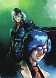  1970s_(style) 1980s_(style) 2boys ayk-rs401i belt blue_hair cape character_request formal ginga_shippuu_sasuraiger highres military multiple_boys nebula necktie open_mouth painting_(medium) retro_artstyle scan science_fiction sideburns smile starry_background suit sunglasses traditional_media uniform yasuhiko_yoshikazu_(style) 