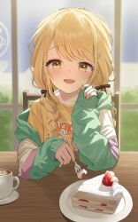  1girl :d absurdres aqua_jacket black_bow blonde_hair blurry blurry_background bow braid cake cup doka_l eating fang food fork fruit fujita_kotone gakuen_idolmaster hair_bow hair_over_shoulder highres holding holding_fork idolmaster jacket long_hair looking_at_viewer medium_bangs off_shoulder open_clothes open_jacket open_mouth shirt skin_fang sleeves_past_wrists smile solo strawberry swept_bangs table twin_braids upper_body window wooden_chair wooden_table yellow_eyes yellow_shirt 