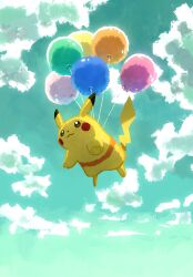  :3 aruco_co balloon blue_sky brown_eyes closed_mouth clouds cloudy_sky commentary_request day floating from_below highres no_humans outdoors pikachu pokemon pokemon_(creature) pokemon_focus sky smile solo 