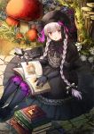  1girl beret black_bow black_dress black_hat book bow bowtie braid doll_joints dress fate/extra fate_(series) flower gothic_lolita hair_bow hat hat_bow holding holding_book kichannico lolita_fashion long_hair mushroom nursery_rhyme_(fate/extra) open_book pile_of_books puffy_short_sleeves puffy_sleeves red_flower short_sleeves silver_hair sitting solo tree twin_braids violet_eyes white_flower 