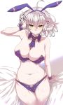  1girl animal_ears bangs bed_sheet breasts bunnysuit cleavage commentary_request cowboy_shot detached_collar eyebrows_visible_through_hair fate/grand_order fate_(series) frown hair_between_eyes highres jeanne_d&#039;arc_(alter)_(fate) jeanne_d&#039;arc_(fate)_(all) large_breasts looking_at_viewer messy_hair navel rabbit_ears silver_hair simple_background solo tsurime wakura_(gcdan) white_background wrist_cuffs yellow_eyes 