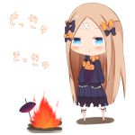  1girl abigail_williams_(fate/grand_order) bangs black_bow black_dress black_footwear blonde_hair bloomers blue_eyes blush bow bug butterfly campfire chibi closed_mouth commentary_request crossed_bandaids dress eating eyebrows_visible_through_hair fate/grand_order fate_(series) food hair_bow highres holding holding_food insect long_hair long_sleeves no_hat no_headwear object_hug orange_bow parted_bangs polka_dot polka_dot_bow shadow sleeves_past_fingers sleeves_past_wrists solo standing stuffed_animal stuffed_toy su_guryu sweet_potato teddy_bear translation_request underwear very_long_hair white_background white_bloomers 