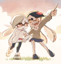  2girls :d arm_grab arm_up black_hair black_pants blue_skirt brown_sweater callie_(splatoon) collared_shirt commentary_request cross-shaped_pupils fangs full_body grey_hair highres holding holding_stick inkling jacket leaf leaf_on_head long_hair long_sleeves looking_at_another marie_(splatoon) mole mole_under_eye multiple_girls official_alternate_costume official_alternate_hairstyle open_mouth orange_eyes outstretched_arm pants pleated_skirt pointy_ears shirt shoes short_eyebrows skirt smile sneakers splatoon_(series) splatoon_3 standing standing_on_one_leg stick sweater swept_bangs symbol-shaped_pupils tentacle_hair thick_eyebrows twintails ukata white_footwear white_jacket white_shirt 