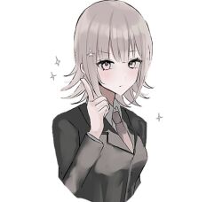  1girl alternate_costume blush brown_hair closed_mouth collared_shirt cropped_torso danganronpa_(series) danganronpa_2:_goodbye_despair formal hand_up index_finger_raised medium_hair nanami_chiaki necktie pink_eyes pink_necktie shima_(fm_90mhz) shirt simple_background smile solo spaceship_hair_ornament sparkle 
