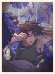  2boys absurdres battle_tendency blonde_hair brown_hair caesar_anthonio_zeppeli eringichips fingerless_gloves flower gloves green_eyes highres jojo_no_kimyou_na_bouken joseph_joestar joseph_joestar_(young) male_focus multiple_boys petals pov rain reflection solo solo_focus tank_top under_covers window 