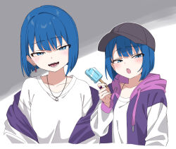  1girl :o baseball_cap blue_eyes blue_hair blush bob_cut breasts collarbone commentary_request cropped_torso drawstring earrings eyes_visible_through_hair fingernails floating_earring food grey_background grey_hat hand_up hat head_tilt highres holding holding_food holding_popsicle hood hood_down hooded_jacket jacket jewelry kiritani_haruka long_sleeves looking_at_viewer multicolored_clothes multicolored_jacket multiple_views necklace off_shoulder open_clothes open_jacket open_mouth outline pink_jacket popsicle project_sekai purple_jacket raised_eyebrow ring ring_necklace shirt short_hair small_breasts tawai teeth tongue tsurime white_background white_outline white_shirt white_sleeves 