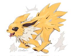  brown_eyes creature fangs full_body highres jolteon no_humans open_mouth pointy_ears pokemon pokemon_(creature) running saliva solo sourbeefio tongue tongue_out twitter_username two-tone_fur white_background white_fur yellow_fur 