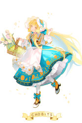  1girl absurdres alternate_costume ankle_boots ascot basket blonde_hair blue_bow blue_ribbon blue_skirt bonnet boots bow chii chobits closed_mouth copyright_name flower footwear_bow frilled_skirt frills full_body hair_tubes hands_up highres holding holding_basket light_smile long_hair long_sleeves looking_at_viewer pantyhose puffy_long_sleeves puffy_sleeves ribbon robot_ears shirt sidelocks simple_background skirt solo sparkle standing standing_on_one_leg tulip very_long_hair vest white_ascot white_background white_pantyhose white_shirt yellow_eyes zhongji_yaoguai 