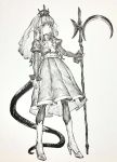  1girl cross crosshatching crown dress hatching_(texture) high_heels highres holding holding_weapon looking_at_viewer mashimashi original solo tail weapon 