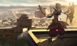  1boy aora arabian_clothes building city cityscape clouds cropped_vest earrings fate/grand_order fate_(series) from_above from_behind gauntlets gilgamesh_(caster)_(fate) gilgamesh_(fate) harem_pants holding holding_weapon horizon jewelry outdoors pants road rooftop single_gauntlet sky solo standing stone_tablet turban vest weapon 