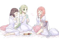  4girls :d alternate_costume alternate_hairstyle atelier_(series) atelier_lulua barefoot braid brown_hair closed_eyes commentary_request cookie cup dress elmerulia_fryxell eva_armster food frilled_dress frills full_body green_eyes green_hair hair_ornament hands_up holding holding_cup holding_pillow karasumi_(aiseec) long_hair low_twintails lying multiple_girls on_side open_mouth piana_(atelier) pillow pink_hair plate ponytail rorolina_frixell short_hair sitting sleepover sleepwear smile twintails white_dress 