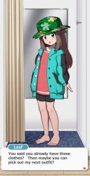  1girl :o arrow_(symbol) barefoot bike_shorts brown_eyes brown_hair buttons character_name commentary_request commission curtains dialogue_box english_text eyelashes fitting_room full_body green_hat green_jacket hair_flaps hat highres indoors jacket knees kohatsuka leaf_(pokemon) leaf_(sygna_suit)_(pokemon) long_hair looking_at_viewer official_alternate_costume open_clothes open_jacket open_mouth pink_shirt pixiv_commission pokemon pokemon_masters_ex shirt sidelocks solo standing toes wooden_floor 