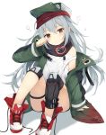  ankle_boots arm_up bare_shoulders black_legwear black_scarf black_shorts blush boots brown_eyes buckle closed_eyes coat commentary cross-laced_footwear drowsy eyebrows_visible_through_hair full_body g11_(girls_frontline) girls_frontline green_coat green_hat grey_hair hair_between_eyes hat head_tilt heart heart_print knee_pads knees_up long_hair long_sleeves nibiiro_shizuka off_shoulder open_clothes open_coat print_scarf red_footwear scarf shoes short_shorts shorts simple_background single_thighhigh sitting sleeves_past_wrists tank_top thigh-highs untied_shoes very_long_hair white_background wiping_face 