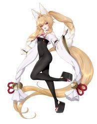  1girl animal_ear_fluff animal_ears bell black_bodysuit blonde_hair bodysuit braid breasts choppy_bangs clothing_cutout fang fox_ears fox_girl fox_shadow_puppet fox_tail full_body geta gloves gradient_hair highres hokori_kei indie_virtual_youtuber looking_at_viewer medium_breasts multicolored_hair nido_celisius open_mouth partially_fingerless_gloves platform_footwear red_nails shoulder_cutout sidelocks skin_fang tail thick_eyebrows toeless_legwear twin_braids very_long_tail virtual_youtuber white_background white_hair white_shrug wide_sleeves 