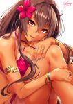  1girl armlet artist_name bikini blue_nails blush bracelet breasts brown_hair cleavage collarbone criss-cross_halter earrings flower hair_between_eyes hair_flower hair_intakes hair_ornament halterneck hand_on_own_knee highres hoop_earrings jewelry kantai_collection knees_up large_breasts lips long_hair looking_at_viewer nail_polish o-ring o-ring_bikini open_mouth pink_bikini ring sakiyamama sidelocks simple_background smile solo swimsuit tan tanline thigh_strap very_long_hair violet_eyes white_background yamato_(kantai_collection) 