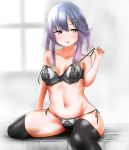  black_legwear blush bra closed_mouth eyebrows_visible_through_hair gradient_hair hair_between_eyes hair_ornament hairclip highres kantai_collection multicolored_hair older on_bed orange_hair panties purple_hair short_hair short_hair_with_long_locks sidelocks sitting sitting_on_bed tama_(seiga46239239) thigh-highs tsushima_(kantai_collection) underwear window yellow_eyes 