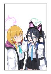  2girls animal_ear_headphones animal_ears aqua_necktie black_hair black_skirt blonde_hair blue_archive blue_eyes blue_necktie bow cat_ear_headphones fake_animal_ears green_halo hair_bow halo headphones jacket long_hair midori_(blue_archive) momoi_(blue_archive) multiple_girls necktie pink_halo shirt sidelocks skirt tyrone white_jacket white_shirt 