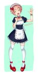  1girl :d ^_^ alternate_costume bow closed_eyes closed_eyes commentary cryingrobot doki_doki_literature_club english_commentary enmaided facing_viewer full_body green_background hair_bow hand_up high_heels highres maid maid_headdress open_mouth pink_hair puffy_short_sleeves puffy_sleeves red_bow sayori_(doki_doki_literature_club) short_hair short_sleeves simple_background smile solo thigh-highs waving white_legwear wrist_cuffs zettai_ryouiki 