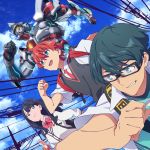  1girl 2boys album_cover backpack bag bangs black_hair blue_eyes blue_sky bow cable cardigan cover green_hair gridman_(ssss) hibiki_yuuta highres long_hair long_sleeves multiple_boys official_art redhead running school_uniform shirt short_hair short_sleeves sky ssss.gridman sweater_vest takarada_rikka telephone_pole utsumi_shou white_shirt 