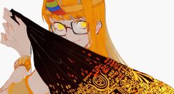  1girl armlet binary blunt_bangs bracelet circlet egyptian_clothes glasses gold_armlet gold_bracelet gold_circlet hand_up holding jewelry light_smile long_hair looking_at_viewer orange_hair persona persona_5 sakura_futaba shadow_futaba shenhaihua tapestry uraeus yellow_eyes 