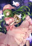  1girl bare_shoulders bow breasts bug butterfly closed_mouth constellation_print crescent dress expressionless eyebrows_visible_through_hair floating_hair flower frilled_dress frills glowing_butterfly green_eyes green_hair hat head_tilt highres holding insect kazami_yuuka kazami_yuuka_(pc-98) lily_pad long_hair medium_breasts night night_sky nightcap nightgown pink_bow pink_dress pink_flower pink_hat pocket_watch puffy_short_sleeves puffy_sleeves ripples shironeko_yuuki short_sleeves sky solo star star_(sky) star_print starry_sky touhou touhou_(pc-98) very_long_hair watch 