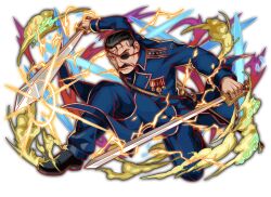  1boy aiguillette amestris_military_uniform anime_coloring artist_request black_collar black_eyes black_footwear black_hair blue_collar blue_jacket blue_pants blue_sleeves breast_pocket buttons cheekbones closed_mouth collar collared_jacket crash_fever dual_wielding eyepatch facial_hair frown full_body fullmetal_alchemist game_cg holding holding_weapon jacket king_bradley looking_ahead male_focus medal military_jacket military_uniform mustache nose number_print numbered official_art official_style on_one_knee one_eye_covered outline pants plain_epaulettes pocket print_sleeves red_outline sheath short_hair silver_trim simple_background small_pupils smoke solo square square_print third-party_source transparent_background uniform v-shaped_eyebrows waist_cape weapon wing_collar 