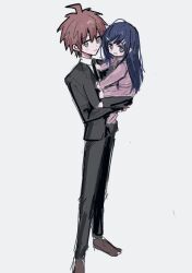  1boy 1girl 428shura aged_down ahoge black_jacket black_pants blue_hair brown_eyes carrying carrying_person child collared_shirt danganronpa:_trigger_happy_havoc danganronpa_(series) danganronpa_3_(anime) formal hair_ornament hairclip holding jacket long_sleeves maizono_sayaka official_alternate_costume pants shirt short_hair smile spiky_hair 
