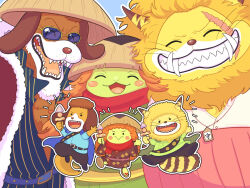  3boys ^_^ aged_down ariga_(22pudding22) blue-tinted_eyewear blue_background blush_stickers cat closed_eyes coat commentary_request dog food fur-trimmed_coat fur_trim haramaki hat inuarashi_(one_piece) japanese_clothes kappa kawamatsu kimono male_focus multiple_boys nekomamushi notice_lines oden one_piece open_mouth red_scarf scar scar_on_face scarf sunglasses tinted_eyewear tusks 