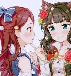  2girls alternate_costume animal_ear_fluff animal_ears aqua_eyes bangs bare_shoulders blue_background blue_bow blue_eyes blunt_bangs bow breasts brown_eyes brown_hair cat_ears clare_(puyo2) collarbone detached_sleeves eye_contact eyebrows_visible_through_hair finger_to_chin flower frilled_sleeves frills fur_collar hair_bow hair_ornament hairclip kemonomimi_mode kurosawa_dia long_hair long_sleeves looking_at_another love_live! love_live!_sunshine!! medium_breasts mole mole_under_mouth multiple_girls parted_lips pointing pointing_at_self profile puffy_long_sleeves puffy_sleeves red_bow red_flower red_rose redhead rose sakurauchi_riko shirt simple_background upper_body wavy_hair white_shirt yellow_flower yellow_rose yuri 
