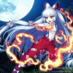  1girl :o album_cover ankle_boots baggy_pants bamboo bangs boots bow clenched_hand collared_shirt cover dress_shirt eyebrows_visible_through_hair feet_out_of_frame fighting_stance fire fujiwara_no_mokou full_moon hair_bow hair_ribbon hime_cut long_hair long_sleeves looking_away miruki moon night night_sky ofuda open_mouth outdoors pants red_eyes red_footwear red_pants ribbon shirt sidelocks silver_hair sky solo star_(sky) starry_sky suspenders touhou tress_ribbon v-shaped_eyebrows very_long_hair white_bow white_shirt 