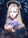  1girl bare_shoulders blonde_hair bouquet close-up closed_eyes closed_mouth commentary english_commentary face facing_viewer flower hair_between_eyes highres holding liang_xing lips long_hair mechanical_halo mercy_(overwatch) off_shoulder overwatch patreon_username smile solo watermark web_address 