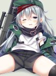 1girl assault_rifle bangs black_legwear black_shorts blush commentary_request drooling esureki eyebrows_visible_through_hair flat_cap g11 g11_(girls_frontline) girls_frontline green_hat green_jacket grey_background gun hair_between_eyes half-closed_eye hat head_tilt jacket long_hair looking_at_viewer object_namesake one_eye_closed open_clothes open_jacket parted_lips rifle saliva short_shorts shorts silver_hair sitting smile solo spread_legs tank_top thigh-highs very_long_hair weapon white_tank_top 