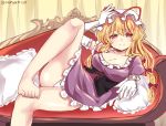  1girl bangs barefoot blonde_hair bow braid breasts cleavage commentary_request couch gloves hair_bow half-closed_eyes hand_on_headwear hat knees large_breasts pillow ramudia_(lamyun) red_bow smile solo thighs touhou twitter_username violet_eyes watermark white_gloves white_pillow yakumo_yukari 