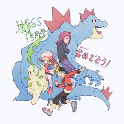  1girl 2boys absurdres anniversary antennae backwards_hat baseball_cap bayleef black_hat black_jacket black_pants blue_overalls bow brown_eyes brown_hair cabbie_hat celebi closed_mouth commentary cowlick cyndaquil ethan_(pokemon) feraligatr flying grey_eyes grey_hair hat hat_bow hat_ribbon highres holding holding_poke_ball jacket leaf long_sleeves lyra_(pokemon) marill medium_hair multiple_boys open_mouth overalls pants poke_ball poke_ball_(basic) pokemon pokemon_(creature) pokemon_hgss purple_pants red_bow red_footwear red_jacket red_ribbon red_shirt redhead ribbon shirt shoes silver_(pokemon) simple_background tail tan_carbonnn teeth thigh-highs translated twintails upper_teeth_only violet_eyes white_background white_hat white_thighhighs 