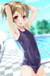  1girl absurdres armpits arms_behind_head arms_up blue_sky blue_swimsuit blurry blurry_background blush breasts brown_hair chain-link_fence covered_navel cowboy_shot day depth_of_field fence highres kntrs_(knyrs) looking_at_viewer one-piece_swimsuit open_mouth outdoors ponytail pool poolside red_eyes school_swimsuit shiny shiny_clothes shiny_hair shiny_skin short_hair silica sky small_breasts smile solo standing swimsuit sword_art_online wet 